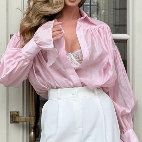 Pink Casual Women's Semi-Sheer Loose Cut Shirt - Picture 1 of 3